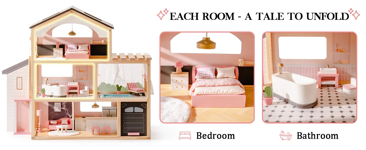 Wooden Dollhouse with 6 Rooms and 29-Piece Furniture Set