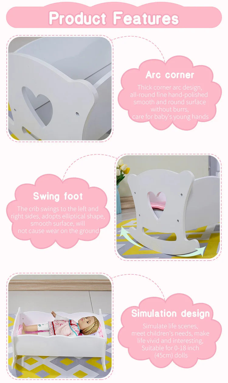 Rocking Baby Doll Crib with Pink Bedding Set