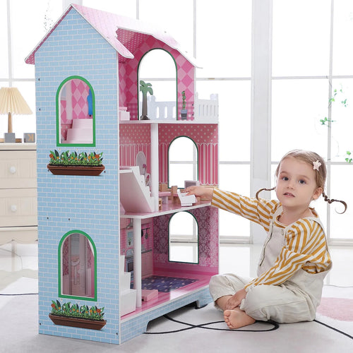3-Tier Wooden Dollhouse with Furniture