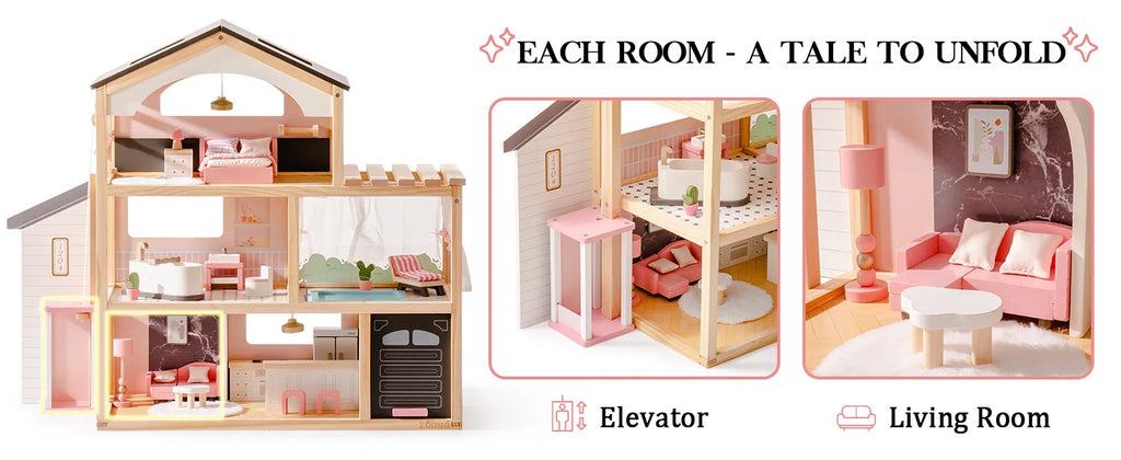 Wooden Dollhouse with 6 Rooms and 29-Piece Furniture Set
