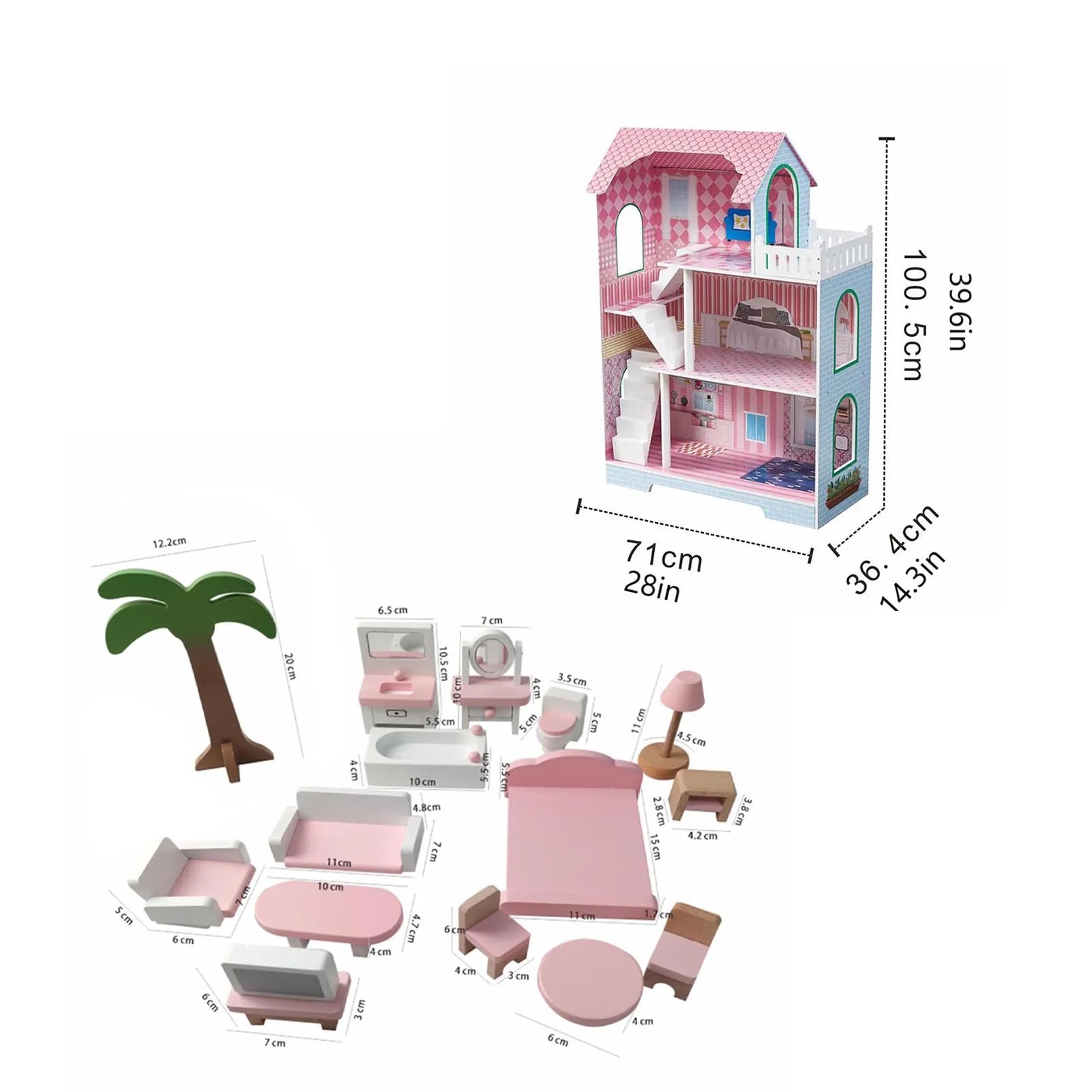 3-Tier Wooden Dollhouse with Furniture