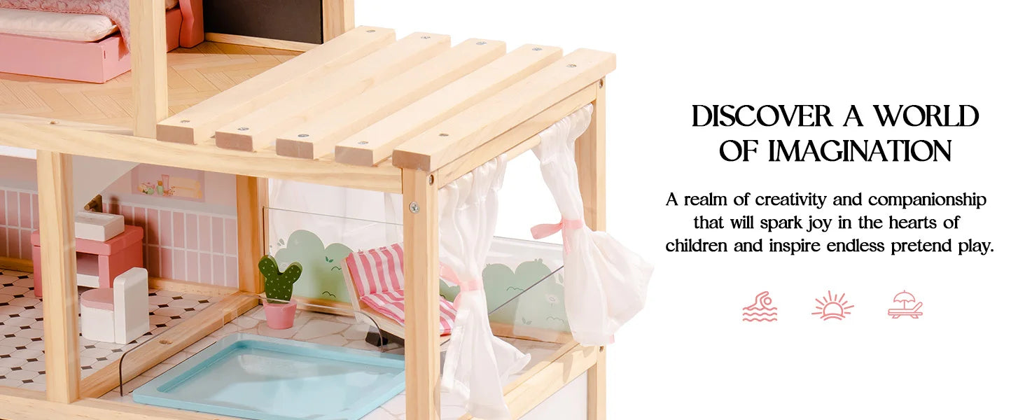 Wooden Dollhouse with 6 Rooms and 29-Piece Furniture Set