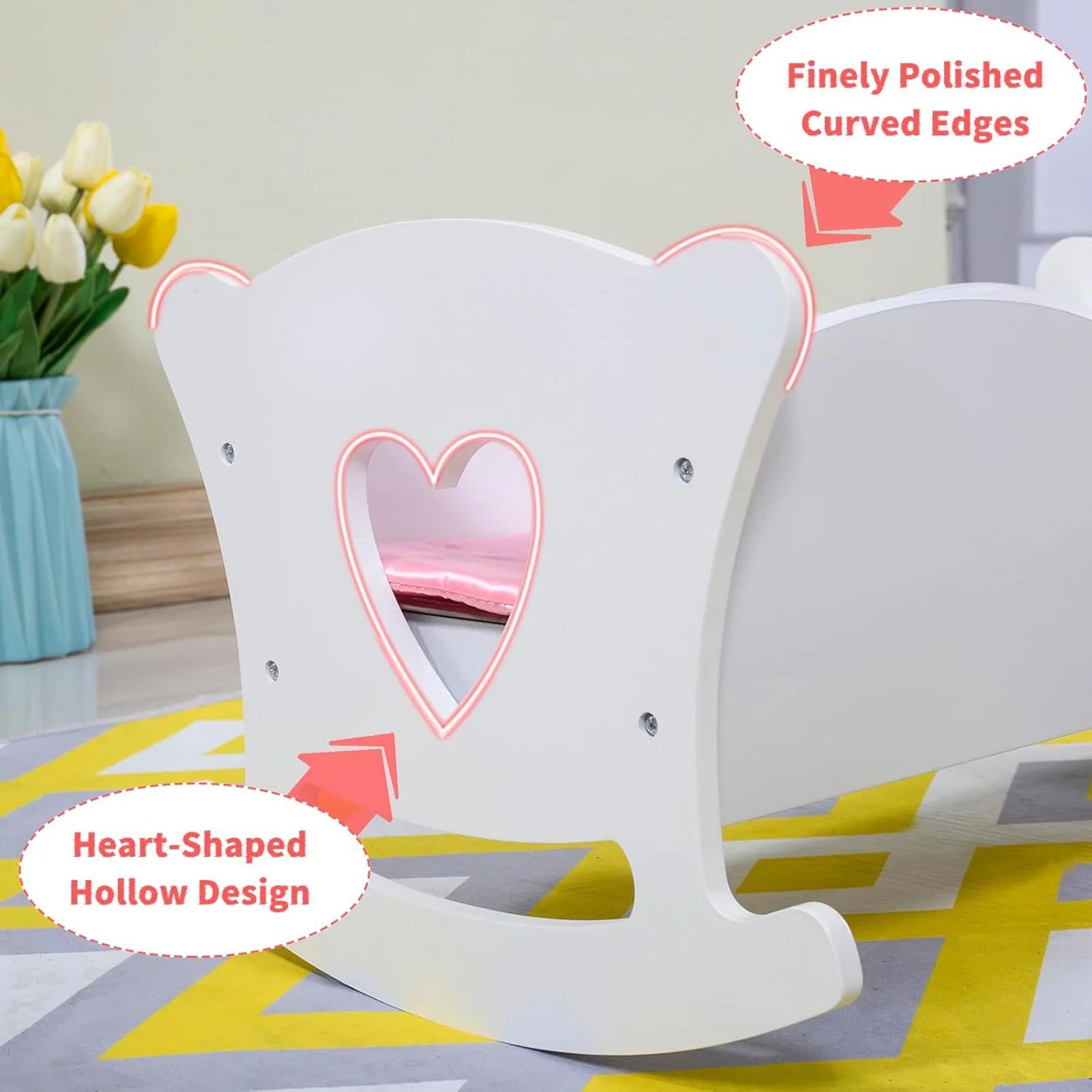 Rocking Baby Doll Crib with Pink Bedding Set